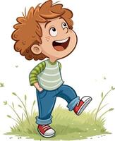Happy child looking up with joy and wonder while walking in nature vector