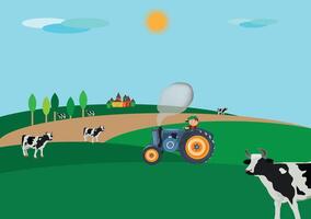 Farmer driving tractor in green field with cows and farm in background vector