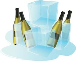 White wine bottles cooling on ice cubes melting on white background vector