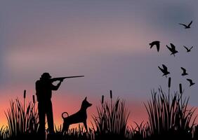 Silhouette of a man with a dog and a bird in the background vector