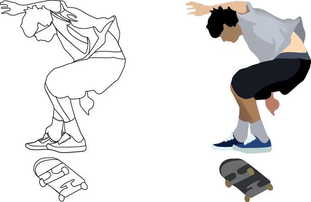 A cartoon drawing of a skateboarder doing a trick
