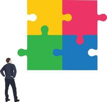 Businessman looking at four colorful puzzle pieces, problem solving concept vector