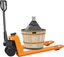 A wooden barrel on a pallet with a fork vector