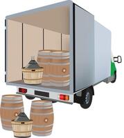 A truck with barrels in the back and a green trailer vector