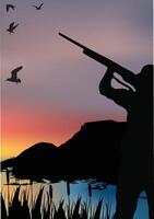 A silhouette of a man with a gun and birds in the background vector