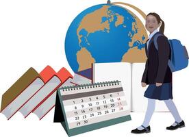 A girl in a school uniform is walking with a book and a calendar vector
