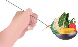 A hand holding a spoon with vegetables in it vector