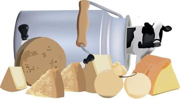 A cow is standing next to a bucket of cheese vector