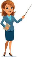 Smiling businesswoman holding book and pointing with pointer stick vector