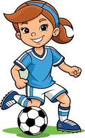 Smiling soccer player girl dribbling ball on field vector