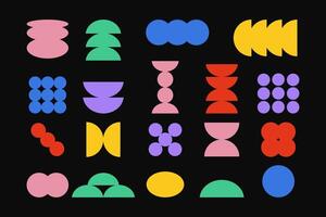 set of colorful brutalist geometric shapes. Trendy Y2k abstract minimalist figures, flowers, circles. Modern abstract graphic design elements. vector