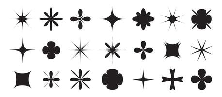 Black trendy shapes set in y2k retro futuristic style. star, flower, and sparkle forms as isolated design elements for a 2000s aesthetic on white background vector