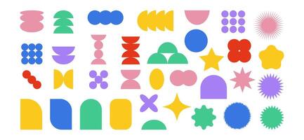 Modern Y2k Collection of colorful brutal contemporary elements flower star oval circle and other shapes. Trendy abstract graphic design elements on white background. vector
