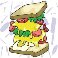 a sandwich with cheese, tomatoes and eggs on it vector