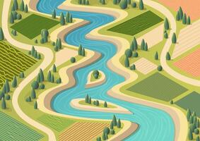 Isometric river with trees and rice field vector