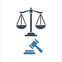 law and justice icon. Law scale with Judge gavel, auction hammer icon vector