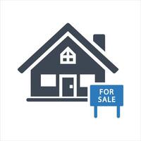 Home for sale icon. Real estate sign in front of house. Property for sale icon vector