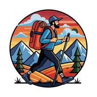 adventure mountain climber logo. a man with a backpack walks in a field with mountains in the background. vector