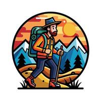 a man with a backpack walks in a field with mountains in the background. vector