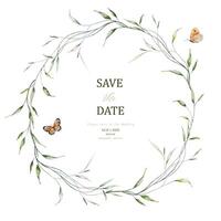 Watercolor invitation design with leaves wreath and butterflies vector