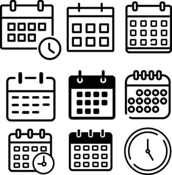 calendar icon collection set, o'clock. art, design, web, illustration. black outline, white background. vector