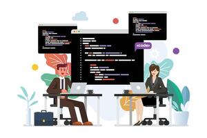 Man and woman programmer writing code on laptop together vector