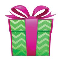 Green gift box with pink bow and zigzag pattern, playful design for festive themes. Cartoon illustration vector