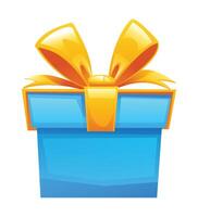 Blue gift box wrapped with golden ribbon. Cartoon illustration vector