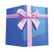 Blue gift box with pink ribbon and bow. Cartoon illustration vector