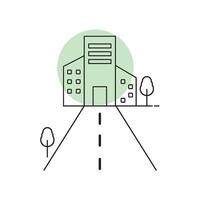 A line drawing of a building with a road vector