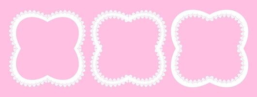 Three decorative white asymmetrical frames. Lace-like intricate pattern on each frame. Vintage-inspired delicate design. Elegant and charming visual appeal. For framing text or images in invitation. vector