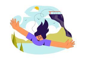 Cartoon Style Bungee Jump Illustration of a Person Falling with Safety Rope from a High Point vector