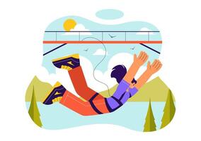 Flat Style Illustration of a Thrilling Bungee Jump with a Person in Free Fall vector