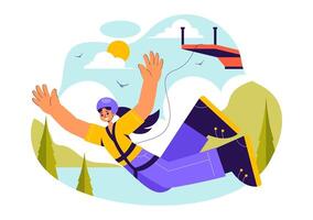 Illustration of Bungee Jumping with a Person Falling Freely, Secured by an Elastic Cord vector