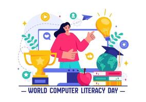 Educational for Computer Literacy Day with Books and Digital Gadgets in Flat Background vector