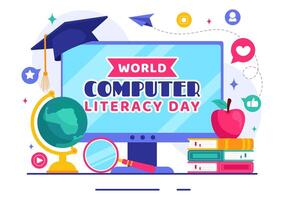 Flat Style Cartoon of World Computer Literacy Day Highlighting Technology in Education vector
