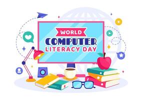 Computer Literacy Day Celebration with Books and Devices in a Cartoon Background vector