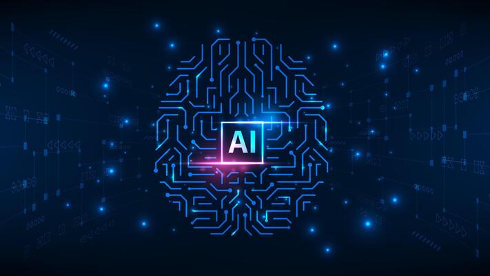Artificial intelligence hardware microchip concept. Giowing connection hologram brain. Technology abstract background.