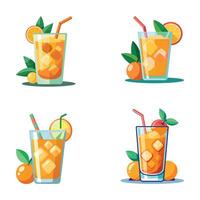 Set of illustration of fresh lemon with juice glass and ice vector