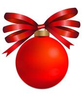 Christmas decoration in form of ball with sparkles realistic 3d design. Xmas ornament Red Christmas ball with decorative red bow in glitters. Holiday New Year element round decorative bauble. vector