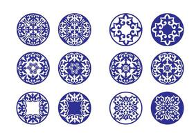 Asian Set of different blue with white ornaments. National pattern of the ancient nomads. National Asian decor for plate, medallions, print design. Round Frame, workpiece for your design. vector