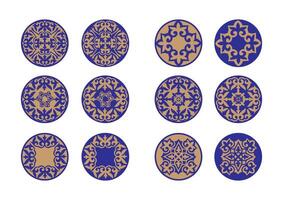Asian Set of different golden with blue ornaments. National pattern of the ancient nomads. National Asian decor for medallions, plate, print design. Round Frame, workpiece for your design. vector