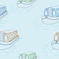 Editable Outline Three-Quarter Top Front Side Oblique View Canal Boat on Water Vectorized Illustration Seamless Pattern for Background of Transportation or Recreation of United Kingdom or Europe vector