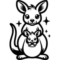 Australian baby kangaroo peeks out of its mother pouch in monochrome. Simple minimalistic image in black ink drawing on white background vector