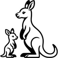 Family of Australian kangaroos mother and baby in monochrome. Simple minimalistic image in black ink drawing on white background vector