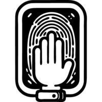 Palm placed on a scanning device for fingerprint identification in monochrome. Simple minimalistic image in black ink drawing on white background vector