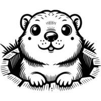 Hamster looks out of its hole after waking up from hibernation in monochrome. Simple minimalistic image in black ink drawing on white background vector