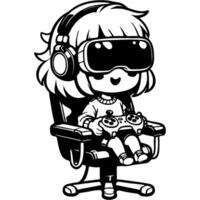 Girl playing computer game in virtual reality glasses with joystick sitting in computer chair in monochrome. Simple minimalistic image in black ink drawing on white background vector