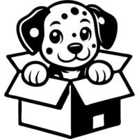 Dalmatian puppy climbed out and looks out of the box in monochrome. Simple minimalistic image in black ink drawing on white background vector