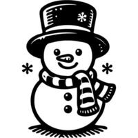 Funny snowman dressed in a winter knitted scarf and top hat in monochrome. Simple minimalistic image in black ink drawing on white background vector